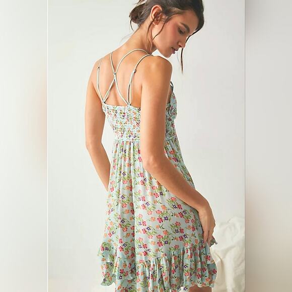 FP Intimately Free People Adella Mini Slip Dress Sz Large Blue Floral Ruffle - Picture 6 of 16